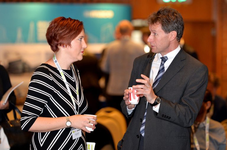 Attendee's discuss business at Construction Frameworks Conference, Kensington Town Hall. 02.10.19