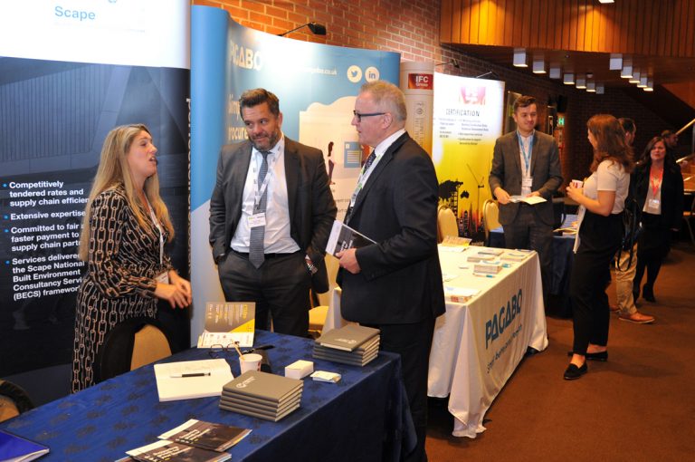 Attendee's discuss the day at Construction Frameworks Conference, Kensington Town Hall. 02.10.19