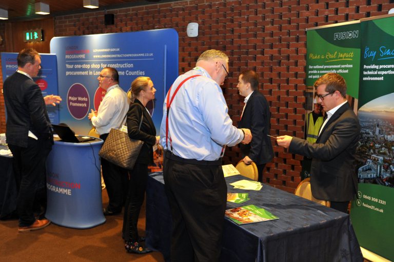 Attendee's check out the stands Construction Frameworks Conference, Kensington Town Hall. 02.10.19