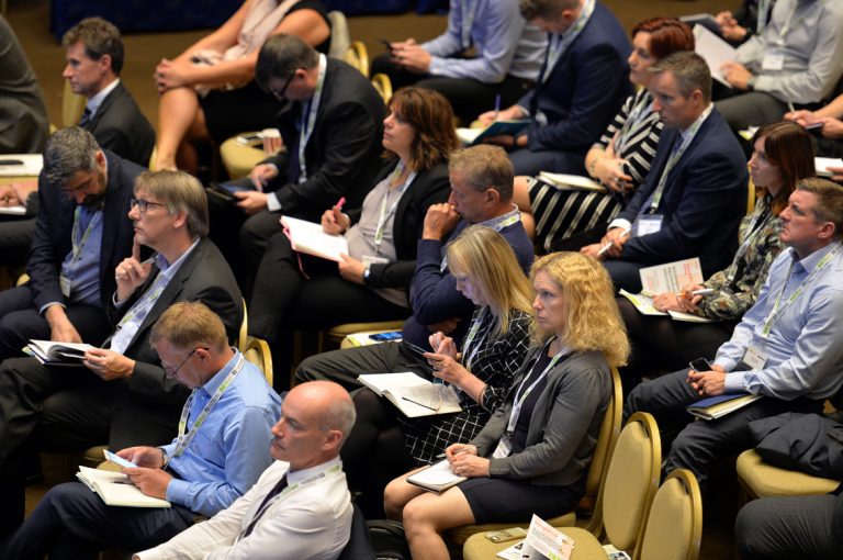 Crowds seated to watch the final session of the day take place Construction Frameworks Conference, Kensington Town Hall. 02.10.19