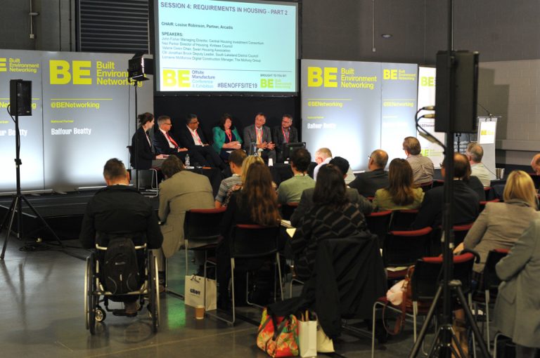 The attendee's sit watching the last panel Offsite Manufacture Exhibition & Conference 2019